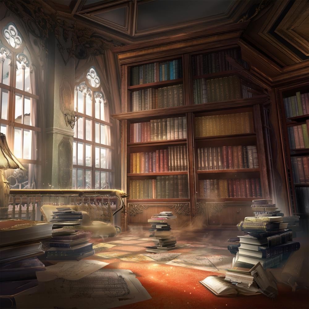 2_ターン２ 書庫の掃除（indoors, wooden interior, library, bookshelf, dust, light particles）.jpg